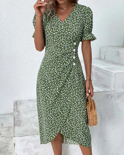 Geblümtes Midikleid mit Überlappung und Volantärmeln