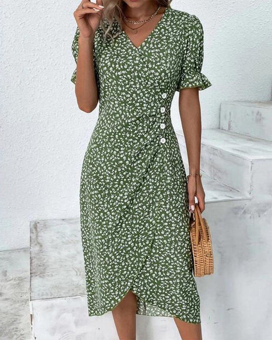 Geblümtes Midikleid mit Überlappung und Volantärmeln