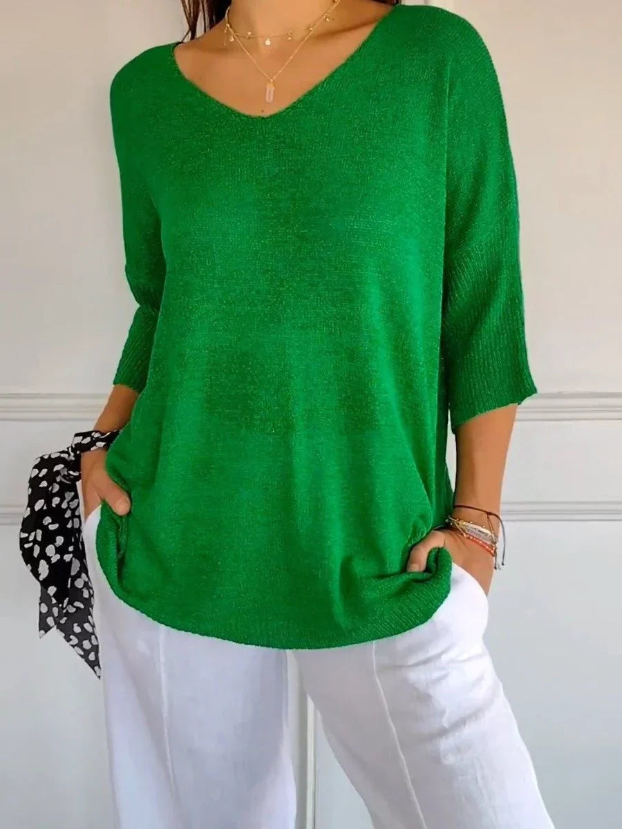 Brigitte - Einfarbiges gestricktes Top mit V-Ausschnitt