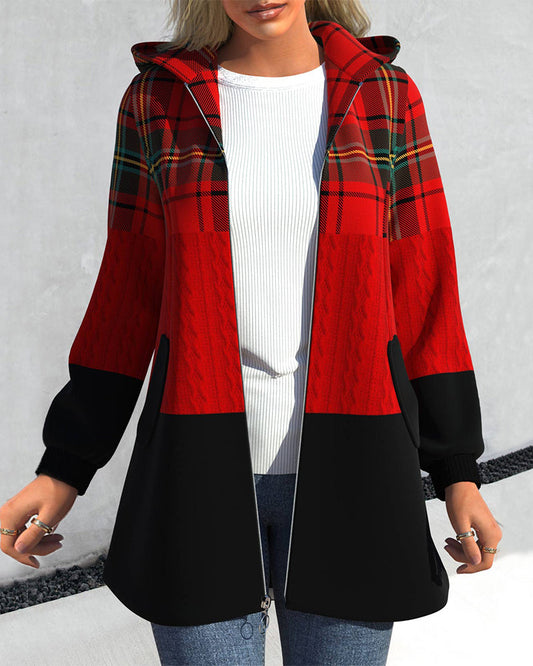 Karierte Jacke mit Kapuze und Reißverschluss