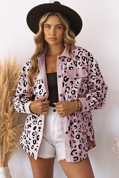 Gerdine | Charmante rosa Cordjacke mit Leopardenmuster