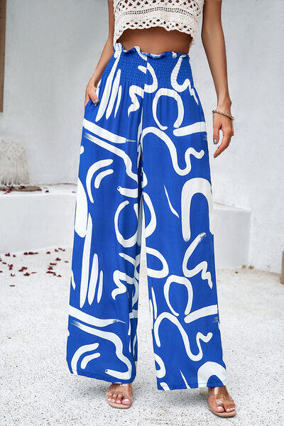 Bedruckte Hose mit weitem Bein, Kittel und Taschen