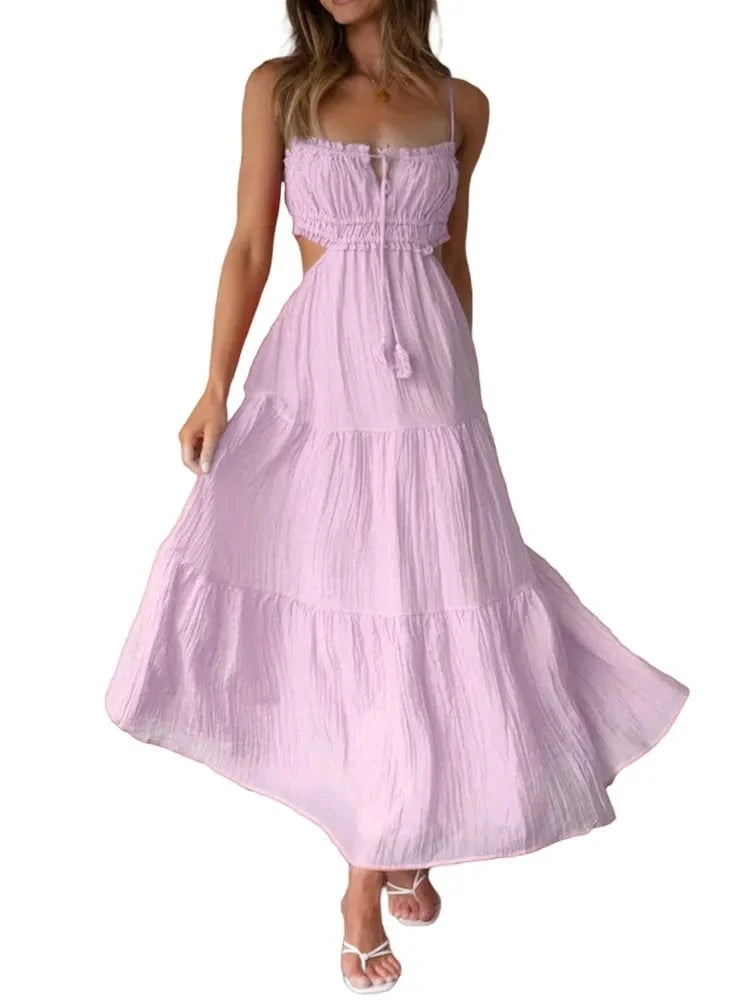 Ärmelloses Maxikleid mit Nähten und Rüschen