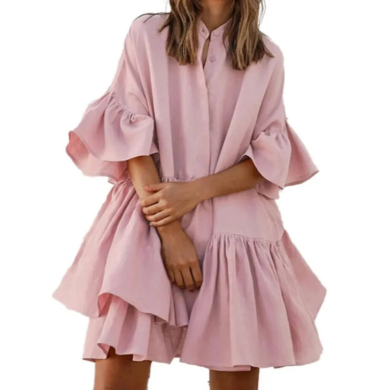 Lässiges einfarbiges Kleid mit V-Ausschnitt und pastellfarbenem Rock