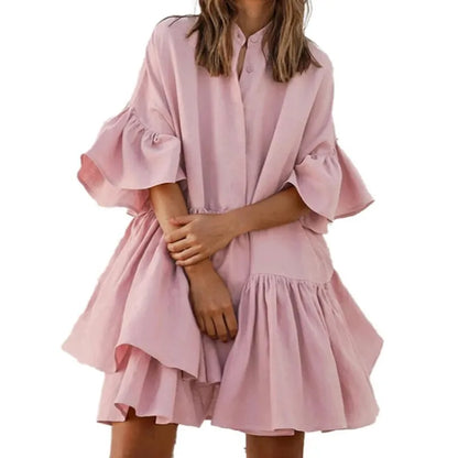 Lässiges einfarbiges Kleid mit V-Ausschnitt und pastellfarbenem Rock