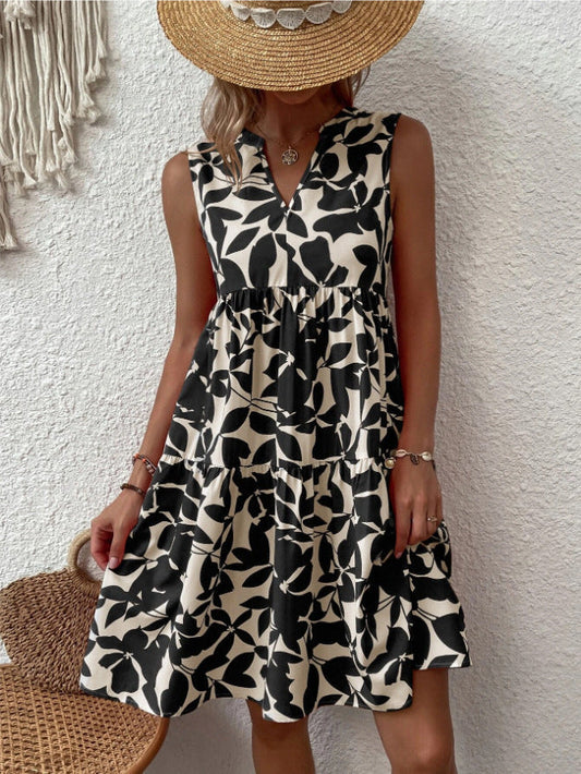 Helgia - Boho lockeres ärmelloses Midikleid mit spitzem Ausschnitt