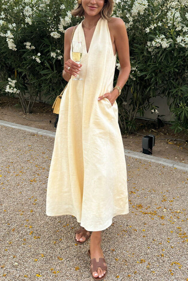 A-Linien-Midikleid mit gedrehtem Rücken aus Leinenmischung