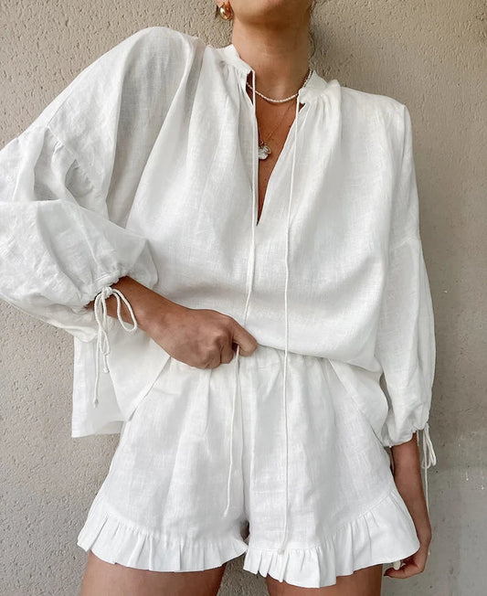 Casual Laternenärmel Top Kurze Hose Baumwolle und Leinen Zweiteiliges Set