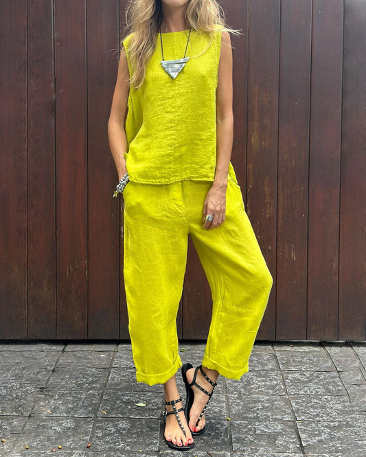 Zweiteiliges Set aus ärmelloser Weste und Hose aus Baumwoll-Leinen, unifarben