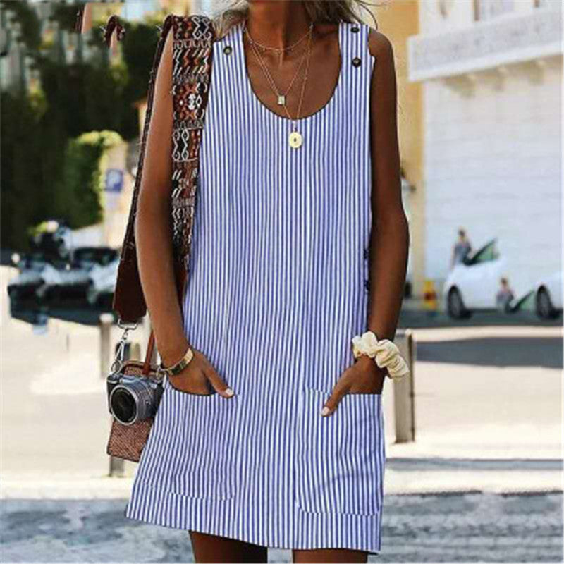 Rundhals-Jumpsuit mit Taschen, gestreift, Knopfverschluss, liegender Rock-Jumpsuit