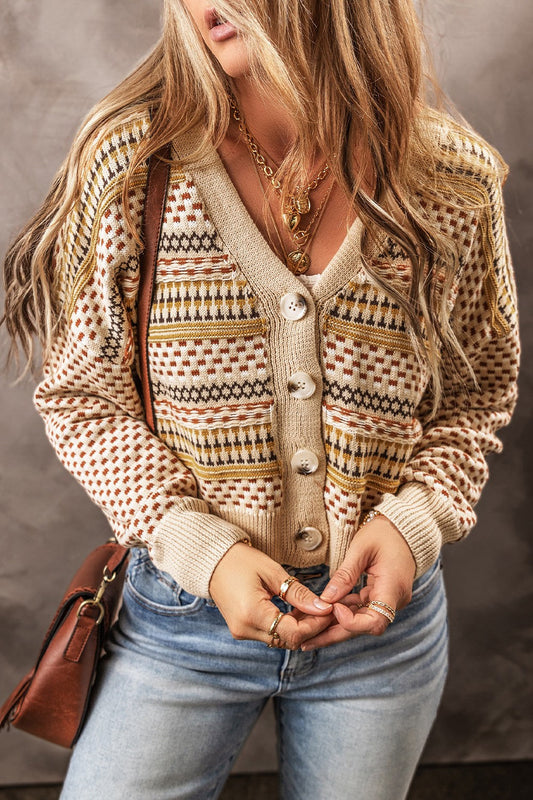 Clara - Beige Langärmelige Strickjacke mit Knöpfen für Frauen