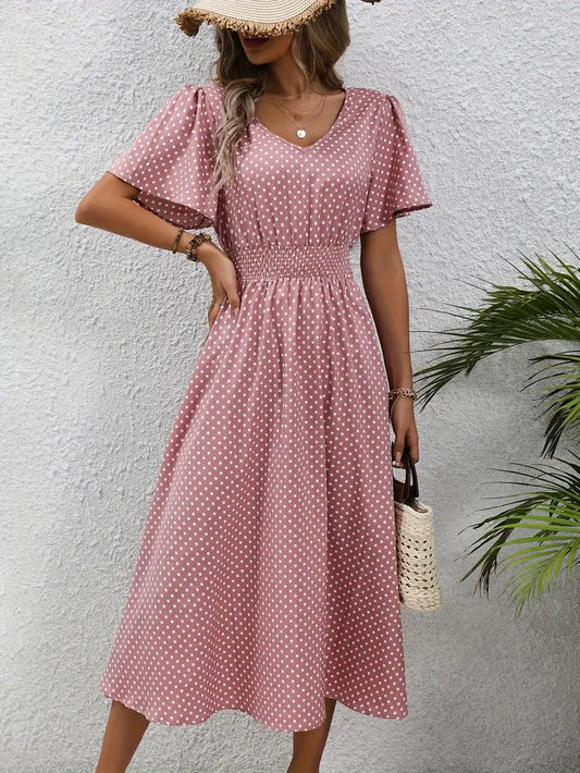 Kleid mit durchgehendem Aufdruck und abgerundeter Taille, lässiges Kleid mit kurzen Ärmeln