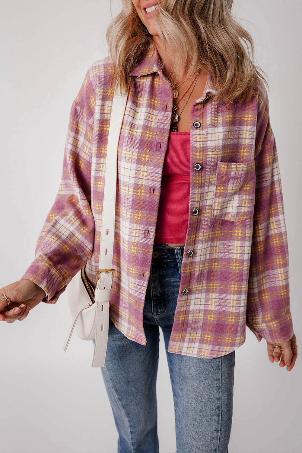 Jovelyn | Lässig Chic Rosa Kariertes Hemd Jacke
