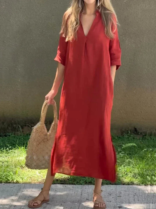 Stella - Schlichtes Leinenkleid mit V-Ausschnitt und Tasche
