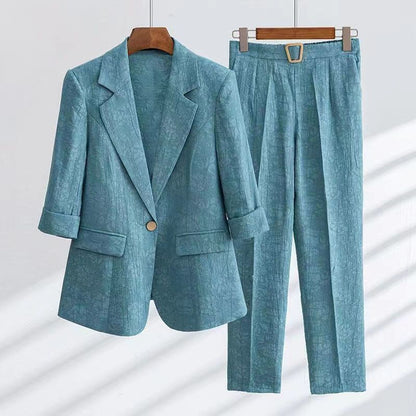 Iris - Women's Autumn Linen 2-Piece Blazer Set mit Gürtel