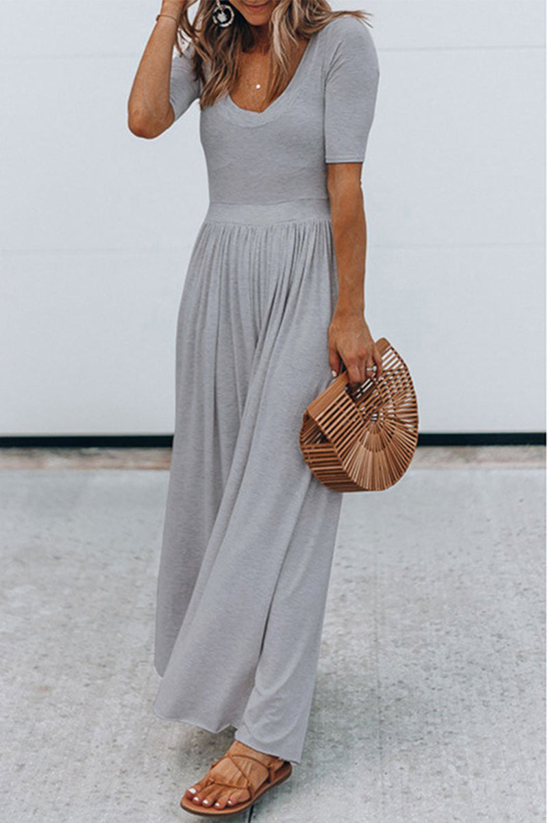 Rundhalsausschnitt Jumpsuit mit kurzen Ärmeln und langer Taille