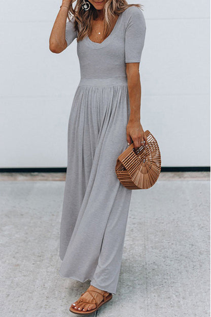 Rundhalsausschnitt Jumpsuit mit kurzen Ärmeln und langer Taille