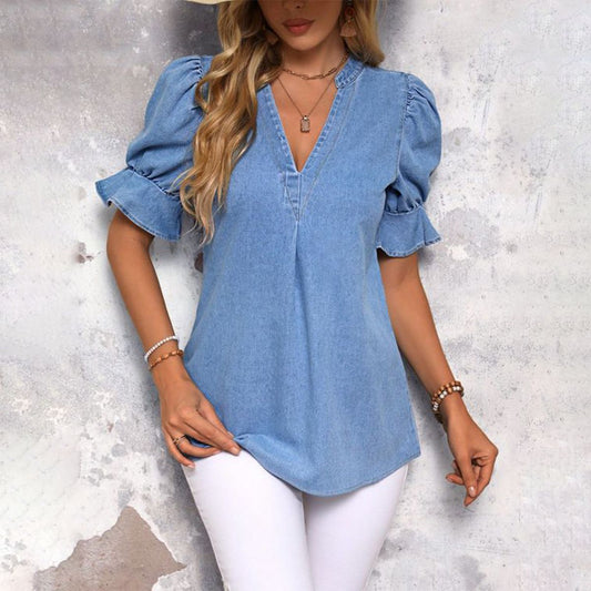 Beliebtes blaues einfarbiges Denim-Top