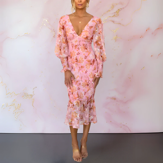 Midi-Kleid mit Blumenmuster, V-Ausschnitt und langen Puffärmeln