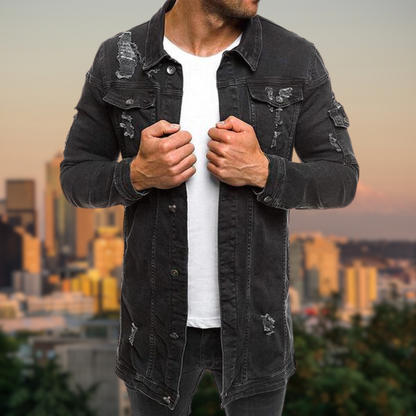 Zerrissene mittellange Denim-Jacke
