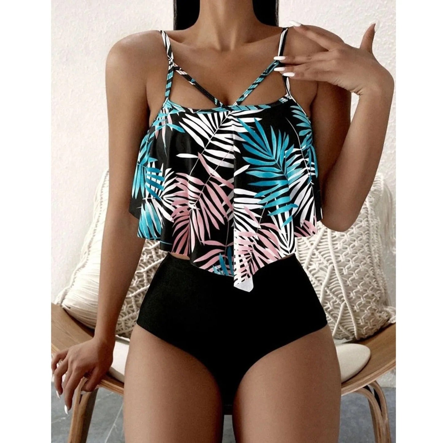 LolaBeach - Tankini mit Rüschen und Blätterdruck