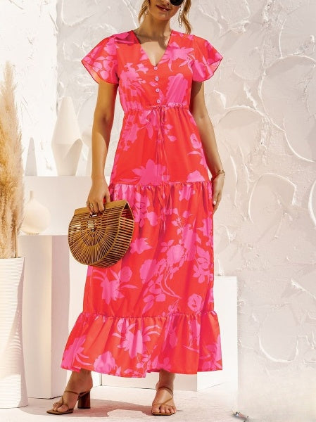 Emaline - Langes Kleid mit Blumendruck und V-Ausschnitt