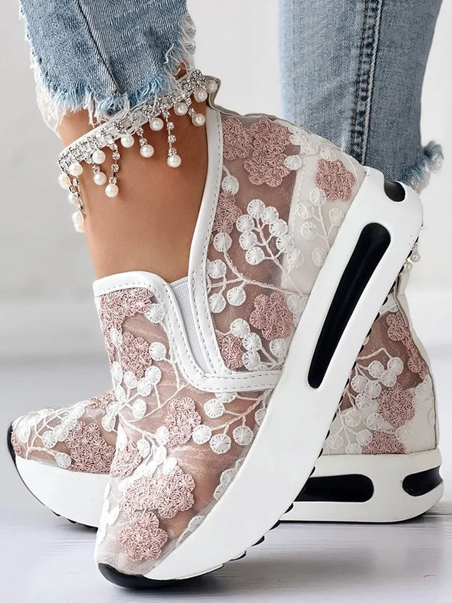 Angeline - Damen-Sneakers mit Absätzen aus Spitze und transparentem Mesh mit Blumenstickerei