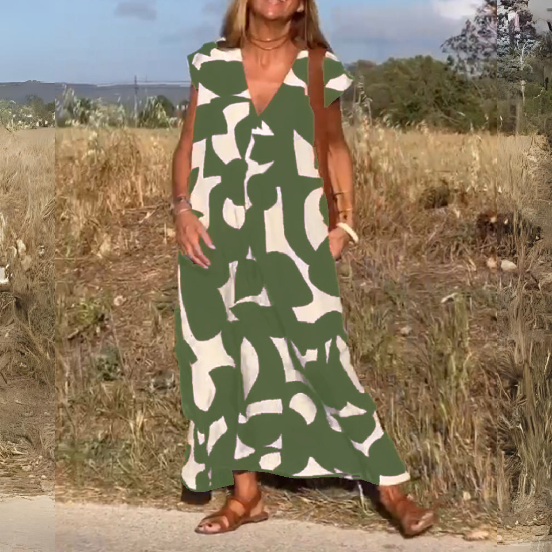BEDRUCKTES KLEID MIT V-AUSSCHNITT