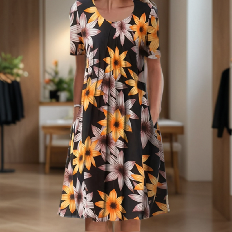 Weites Kleid mit Rundhalsausschnitt, Dreiviertelärmeln und Printmuster
