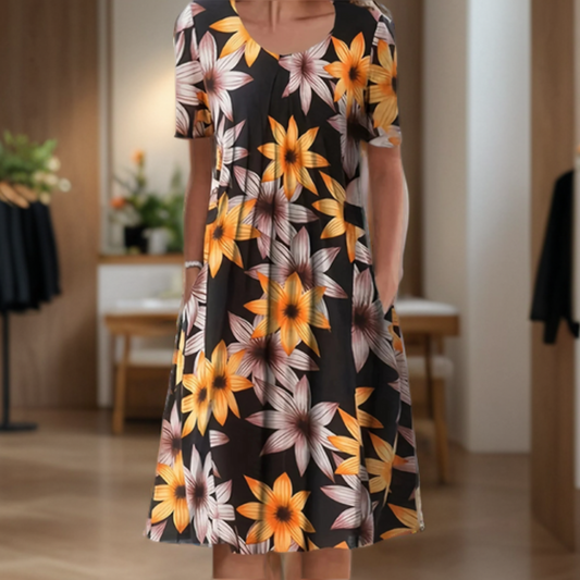 Weites Kleid mit Rundhalsausschnitt, Dreiviertelärmeln und Printmuster