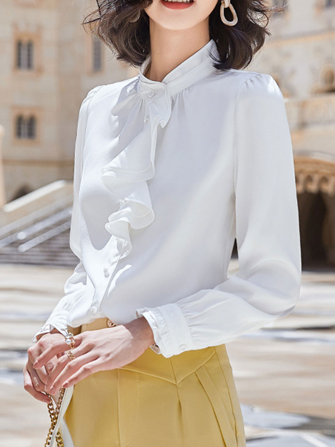 Fiera Bluse | Langarm Rüschenkragen Chiffonbluse