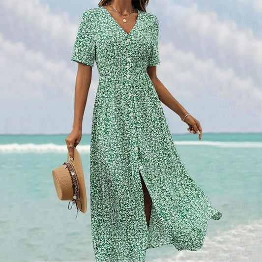 Luftiges Maxikleid mit kurzen Ärmeln und V-Ausschnitt