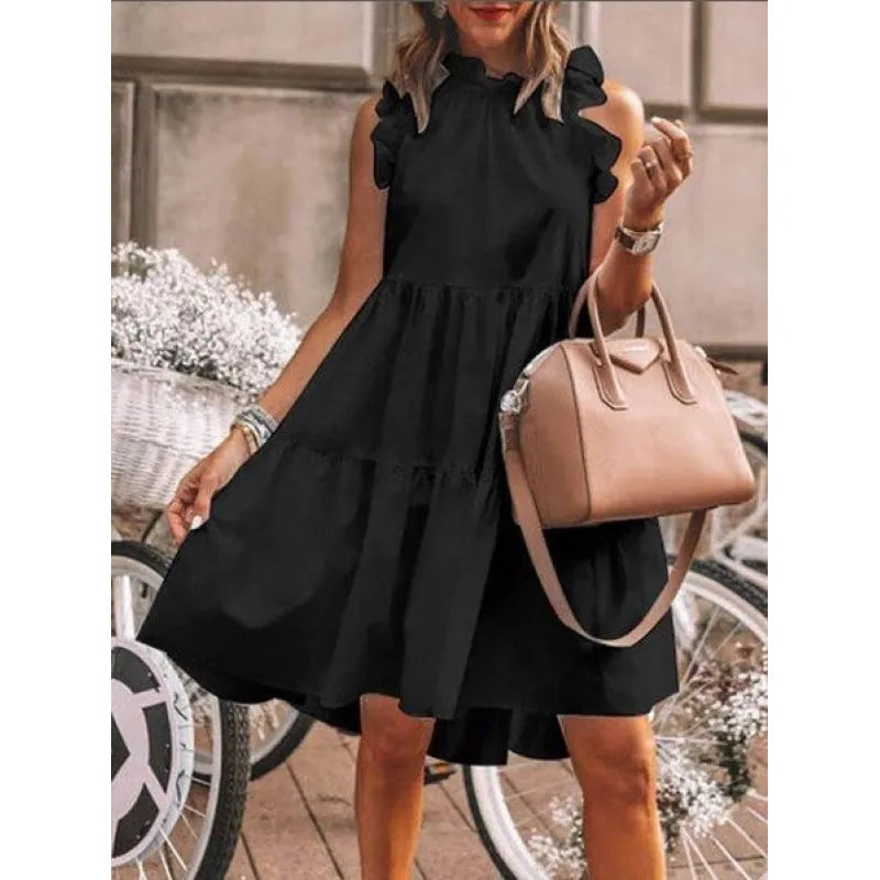 Fashion Süßes, glattes Kleid mit gemischten Rüschen, A-Linien-Schnitt und rundem Ausschnitt