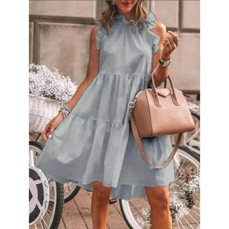 Fashion Süßes, glattes Kleid mit gemischten Rüschen, A-Linien-Schnitt und rundem Ausschnitt