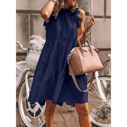 Fashion Süßes, glattes Kleid mit gemischten Rüschen, A-Linien-Schnitt und rundem Ausschnitt