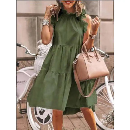 Fashion Süßes, glattes Kleid mit gemischten Rüschen, A-Linien-Schnitt und rundem Ausschnitt