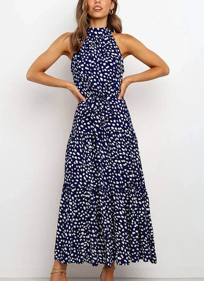 Langes Kleid mit Print und Schleife an der Taille