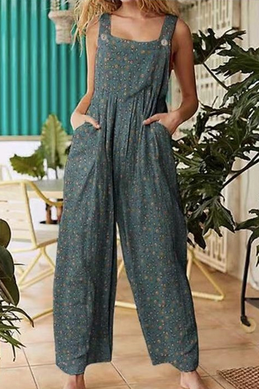 Casual Floral Split Pocket Square Collar Regular Jumpsuits