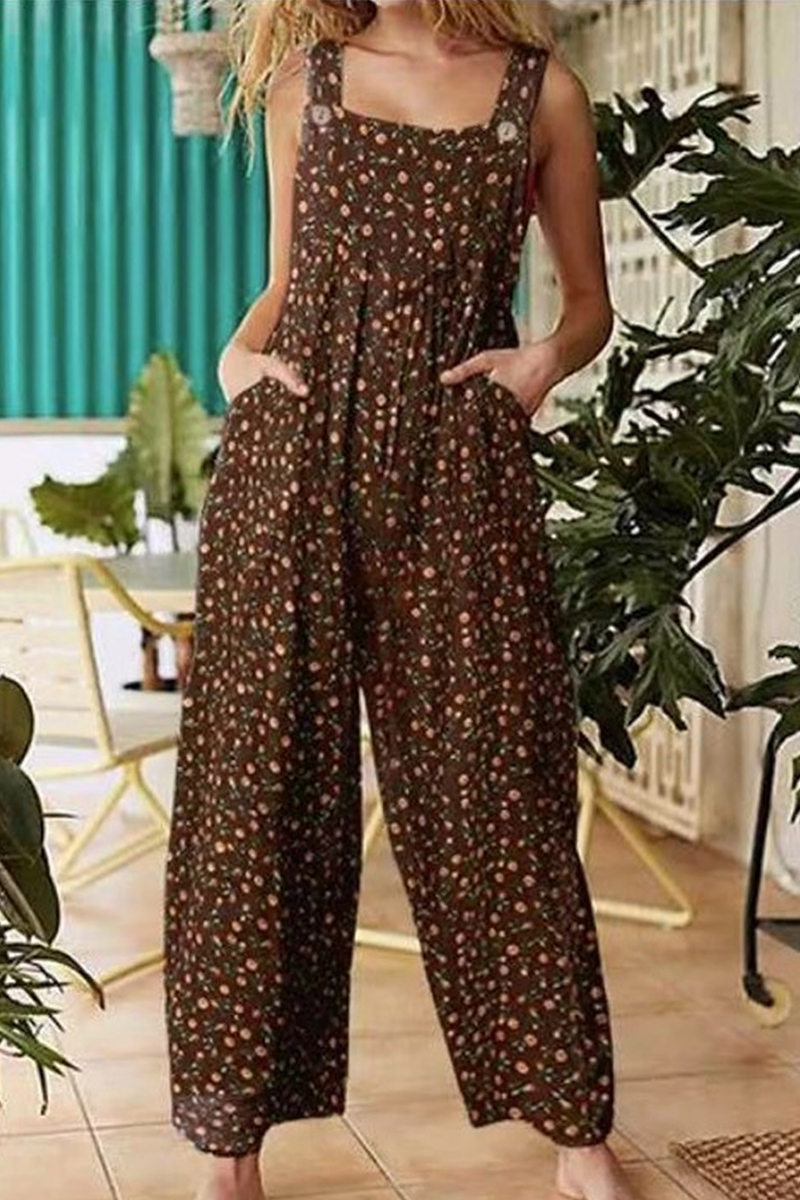 Casual Floral Split Pocket Square Collar Regular Jumpsuits