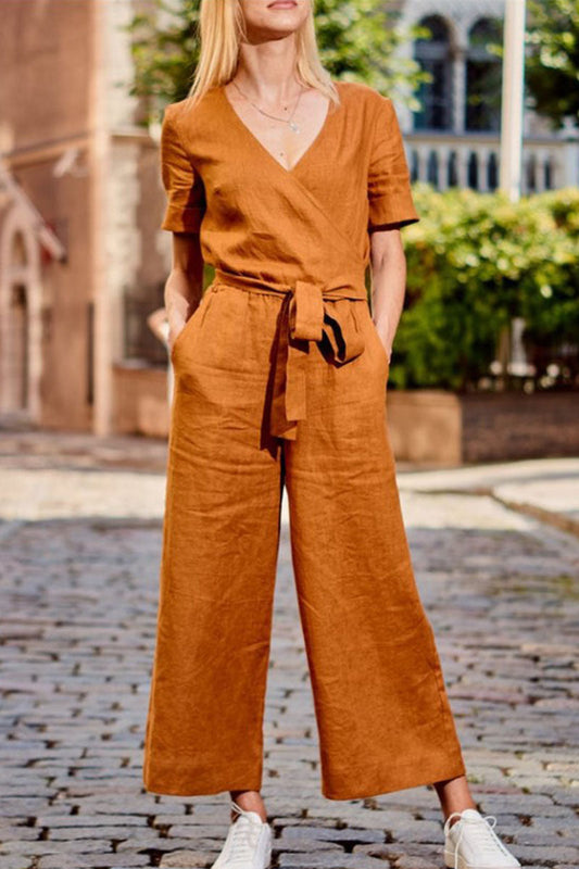 Casual einfarbig Patchwork V-Ausschnitt lose Jumpsuits (3 Farben)