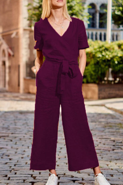 Casual einfarbig Patchwork V-Ausschnitt lose Jumpsuits (3 Farben)
