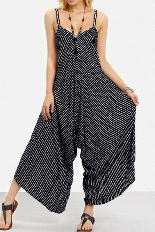 Fashion lässiger gestreifter Patchwork-Spaghettiträger-Overall in lockerer Passform