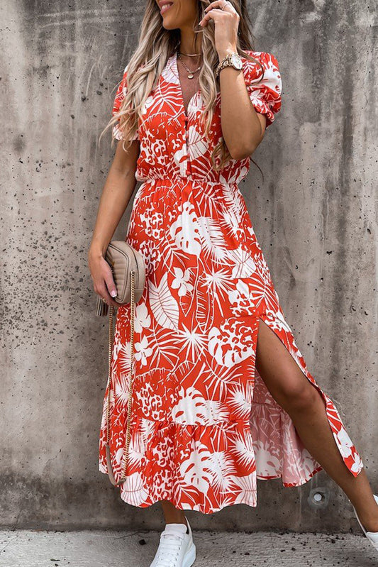 Langes Kleid mit floralem Muster und V-Ausschnitt