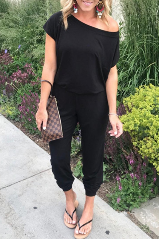 Solid Patchwork Basic Jumpsuits mit schrägem Kragen (6 Farben)
