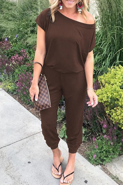 Solid Patchwork Basic Jumpsuits mit schrägem Kragen (6 Farben)
