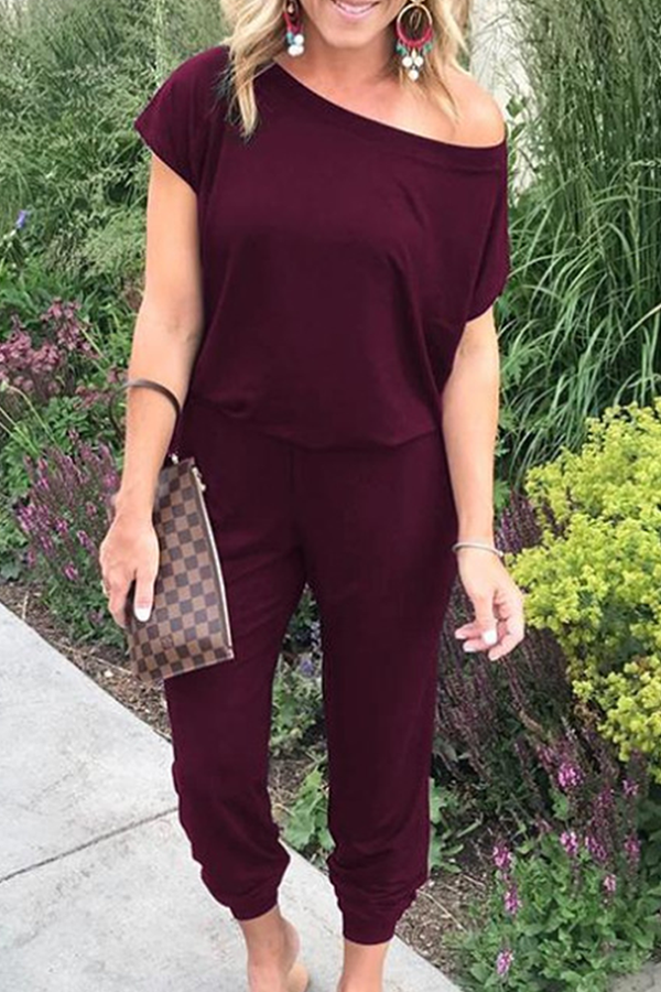 Solid Patchwork Basic Jumpsuits mit schrägem Kragen (6 Farben)