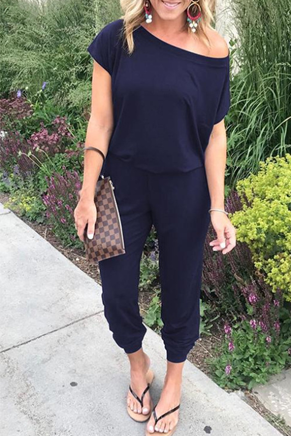 Solid Patchwork Basic Jumpsuits mit schrägem Kragen (6 Farben)