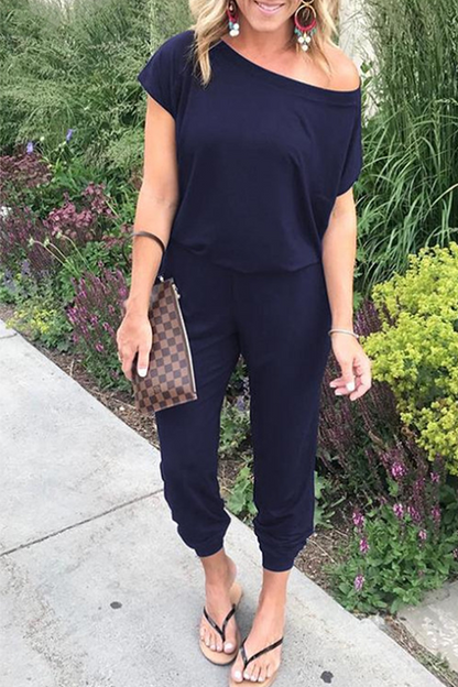 Solid Patchwork Basic Jumpsuits mit schrägem Kragen (6 Farben)