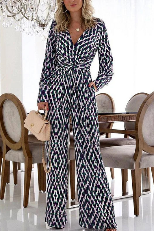Casual V-Ausschnitt Patchwork-Druck Jumpsuits