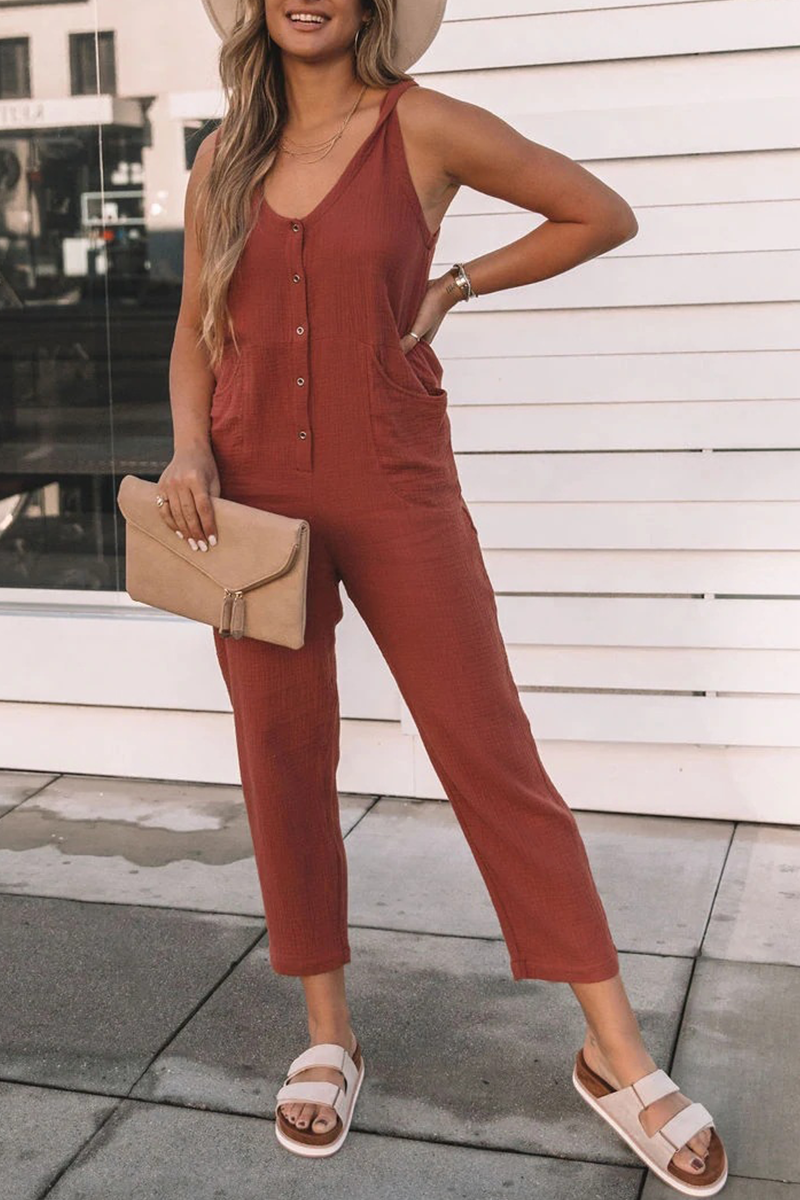 Lässige einfarbige Patchwork-Overalls mit geradem U-Ausschnitt